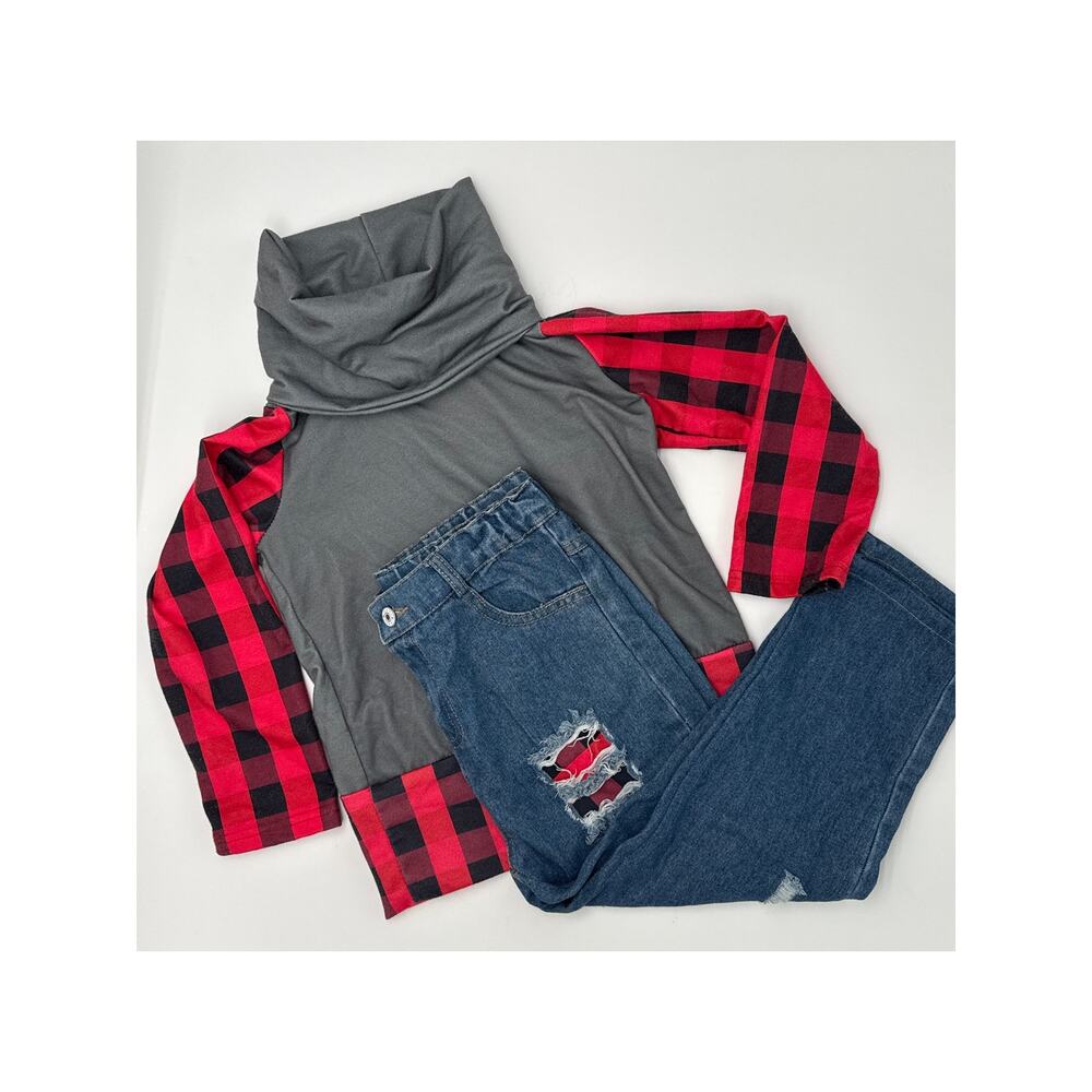 Sparkle in Pink | Cowel neck & Jeans Set | Girls 7/8 | Gray Red Black | plaid